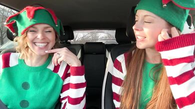 Nadia Foxx & Serenity Cox as Horny Elves cumming in drive thru with remote controlled vibrators / 4K