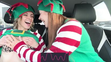 Nadia Foxx & Serenity Cox as Horny Elves cumming in drive thru with remote controlled vibrators / 4K
