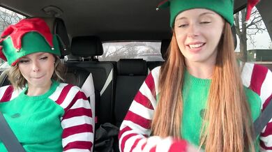 Nadia Foxx & Serenity Cox as Horny Elves cumming in drive thru with remote controlled vibrators / 4K