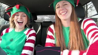 Nadia Foxx & Serenity Cox as Horny Elves cumming in drive thru with remote controlled vibrators / 4K