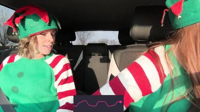 Nadia Foxx & Serenity Cox as Horny Elves cumming in drive thru with remote controlled vibrators / 4K