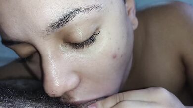 This hot black woman knows how to lick a drooling cock, professional blowjob