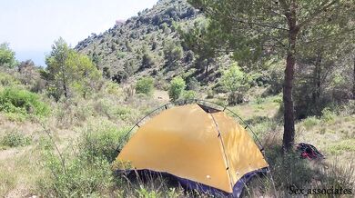 The tourist heard loud moaning and caught couple fucking in the tent.