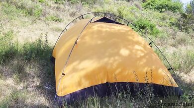 The tourist heard loud moaning and caught couple fucking in the tent.