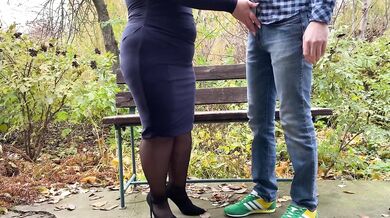 My perverted mother-in-law gets my cum in the park on a bench