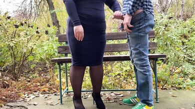 My perverted mother-in-law gets my cum in the park on a bench