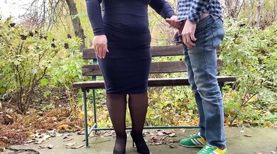 My perverted mother-in-law gets my cum in the park on a bench