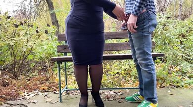 My perverted mother-in-law gets my cum in the park on a bench