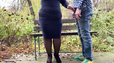 My perverted mother-in-law gets my cum in the park on a bench