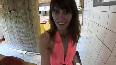 MILF in the public restrooms of a rest area is looking for a daddy to cum in her hot pussy