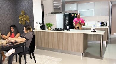 Aisha Fucks her friend in the kitchen while her family is at the table