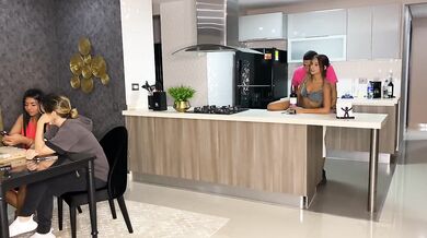 Aisha Fucks her friend in the kitchen while her family is at the table