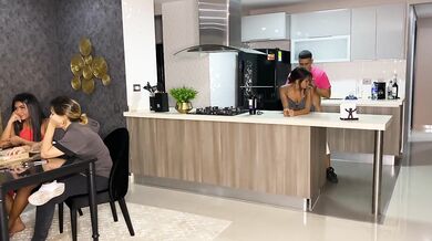Aisha Fucks her friend in the kitchen while her family is at the table