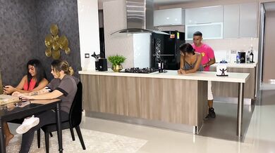 Aisha Fucks her friend in the kitchen while her family is at the table