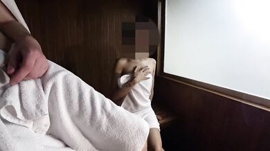 SAUNA ADVENTURE: I'm alone with a dirty milf. She made me cum