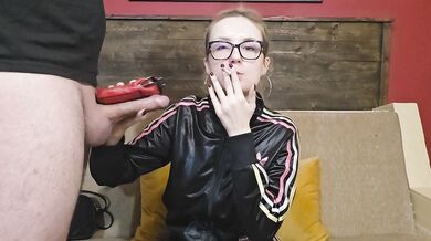 Hot Wife in Tracksuit Smokes Cigarette & Gives Handjob and Blowjob with Leather Cigarette Case