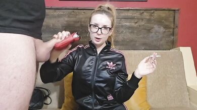 Hot Wife in Tracksuit Smokes Cigarette & Gives Handjob and Blowjob with Leather Cigarette Case