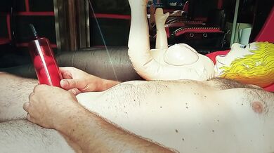 Teaching my inflatable girlfriend to give me a deep blowjob.