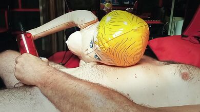 Teaching my inflatable girlfriend to give me a deep blowjob.