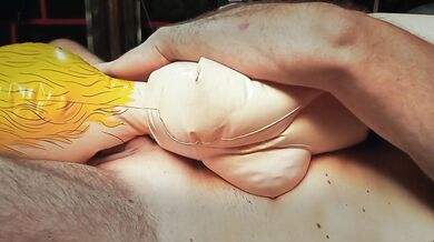 Teaching my inflatable girlfriend to give me a deep blowjob.