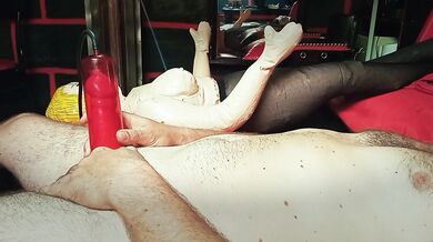 Teaching my inflatable girlfriend to give me a deep blowjob.