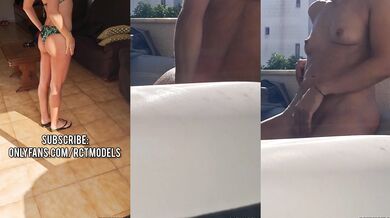 Beautiful girl undresses on a balcony and touches her pussy in a Jacuzzi inside water while being watched