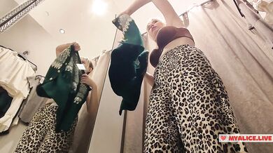See-Through Seduction: Blonde with Big Boobs Tries on Transparent Outfits in Fitting Room, No Panties