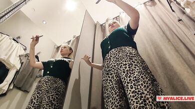 See-Through Seduction: Blonde with Big Boobs Tries on Transparent Outfits in Fitting Room, No Panties