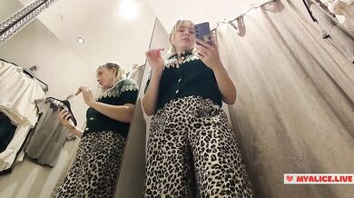 See-Through Seduction: Blonde with Big Boobs Tries on Transparent Outfits in Fitting Room, No Panties