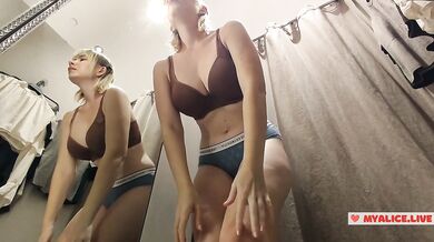 See-Through Seduction: Blonde with Big Boobs Tries on Transparent Outfits in Fitting Room, No Panties