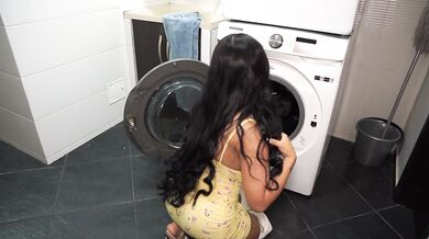 Stepmother gets stuck in the washing machine and her stepson with a big dick gives her a hand