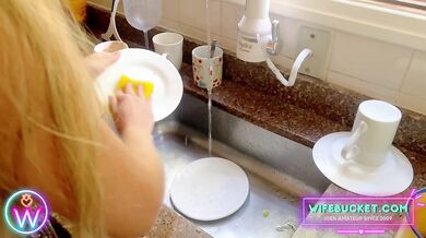 Honey we can clean up the kitchen later, now can you help me clean my cock?