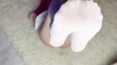 Pretty girl in white stockings jerked me off with her feet and I cum on her feet POV 4K