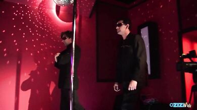 Inside the strip club brunette and blonde milfs are passionately receiving DP during group sex