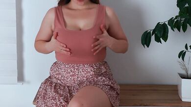 Horny wife riding a dildo on a cabinet. Big bouncing tits.