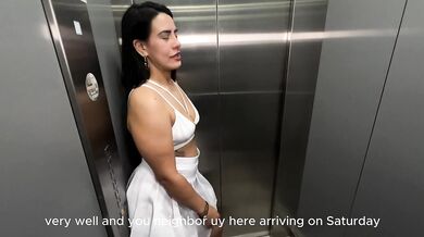 LATINA MILF NEIGHBOR fucks a BBC in the office elevator, takes off the condom, creampie, interracial