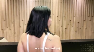 LATINA MILF NEIGHBOR fucks a BBC in the office elevator, takes off the condom, creampie, interracial