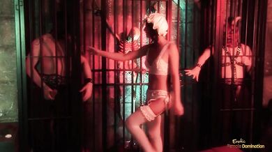 Two demons break from their cages and fuck a brunette in white stockings