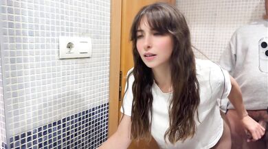 Creampie in my hairy pussy, my stepfather fills me with semen in the bathroom while his friends are in the living room