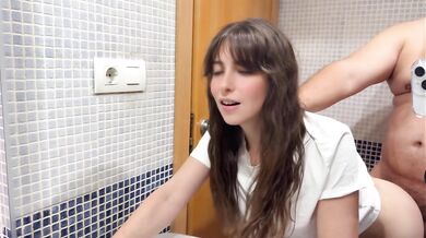 Creampie in my hairy pussy, my stepfather fills me with semen in the bathroom while his friends are in the living room