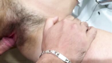 Creampie in my hairy pussy, my stepfather fills me with semen in the bathroom while his friends are in the living room