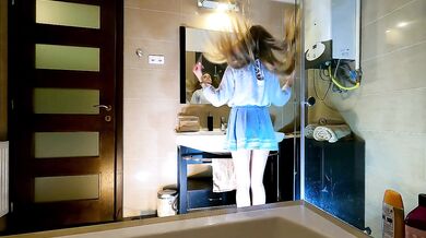 Hot Skinny Long Hair Blonde Wife has a new Blue Super Short Miniskirt and under it she has white cot