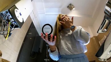 Hot Skinny Long Hair Blonde Wife has a new Blue Super Short Miniskirt and under it she has white cot