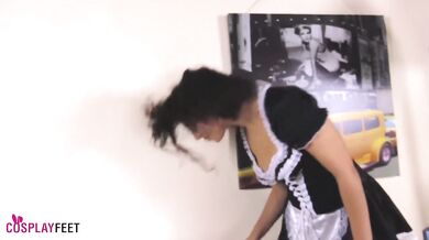 French maid Thessa foot teasing and upskirt in white nylons