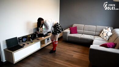 Electro salesman owned by her feet (schoolgirl feet, foot worship, sexy feet, knee socks, soles)