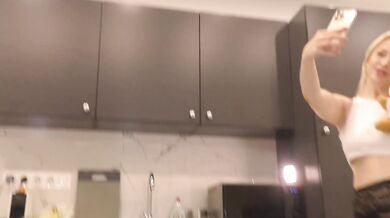 Hot and sexy tight pussy blonde wife in the kitchen shows her sheer shiny black pantyhose and takes off panties