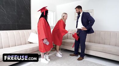 Graduation Fuck Fest: Imani and Jill Choke on Stepdad's Cock to Show Their Appreciation
