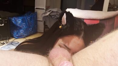 Sexy latina with cat ears plays with my dick and rims me until I cum in her mouth