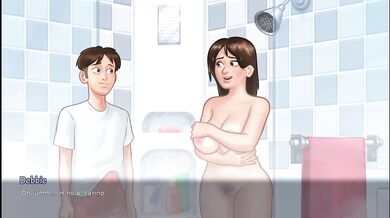 Madrastra cachonda en el baño termina dandole una mamada hasta tomarse su semen - summertime saga