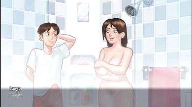 Madrastra cachonda en el baño termina dandole una mamada hasta tomarse su semen - summertime saga